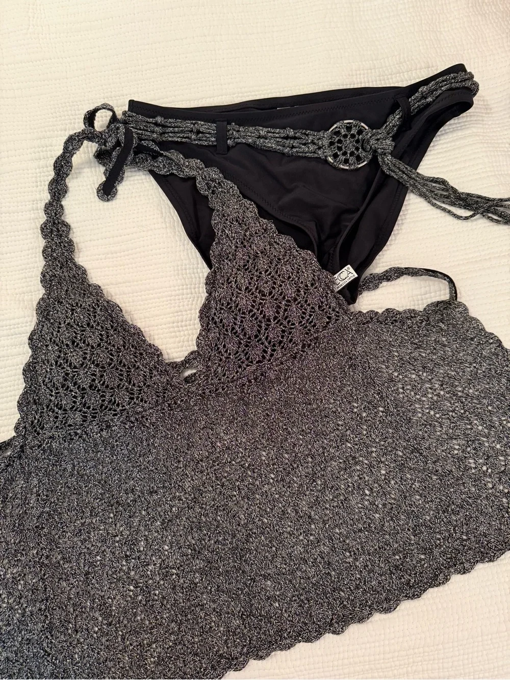 BECCA Metallic Gray Crochet Bikini Top and Black Bottom Set With Swim Skirt